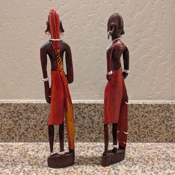 Vintage Hand Carved Wooden African Man & Woman Warrior Statues - Picture 3 of 7